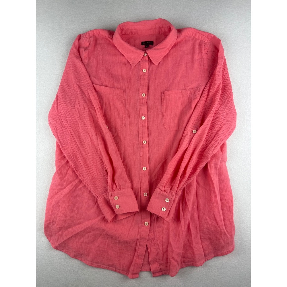 Talbots Womens XL Pink Cotton Gauze Button Down Roll Tab Sleeve Shirt Pocket Top
